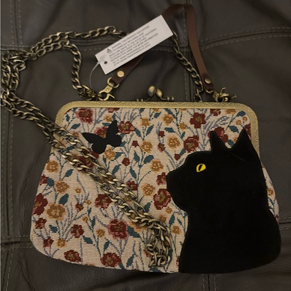 Floral Tapestry Bag with Black Cat Design - Picture 1 of 3